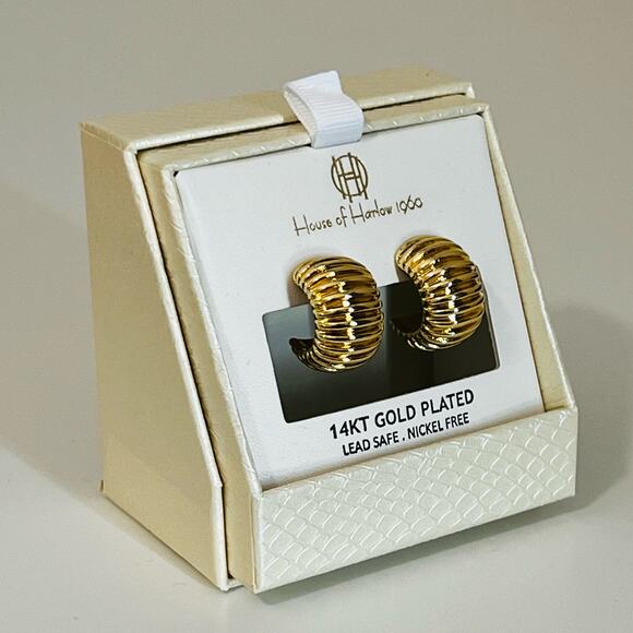 New House of Harlow 1960 Scollop Huggie Hoop Earrings in 14K Gold - Picture 3 of 5